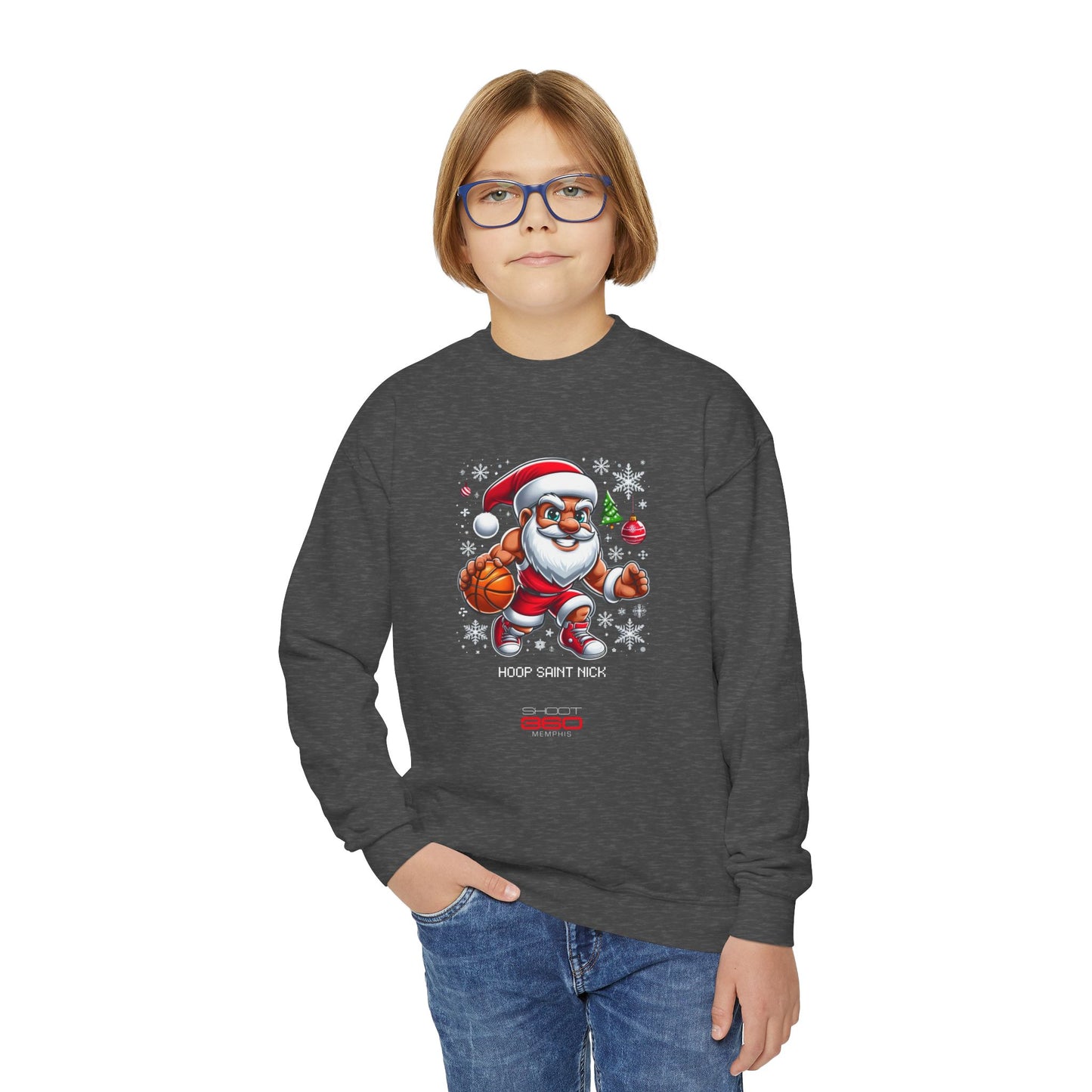 Hoop Saint Nick Youth Crewneck Sweatshirt - Festive Basketball Santa Design