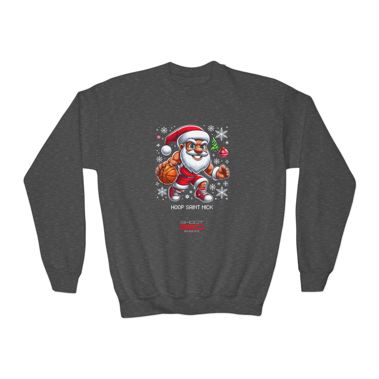 Hoop Saint Nick Youth Crewneck Sweatshirt - Festive Basketball Santa Design