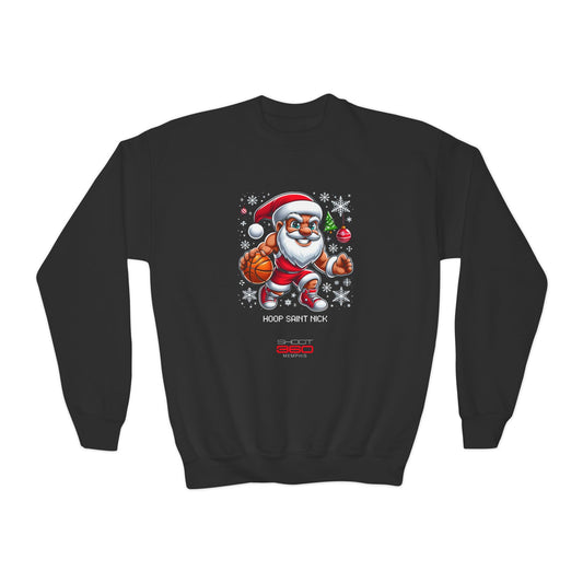 Hoop Saint Nick Youth Crewneck Sweatshirt - Festive Basketball Santa Design